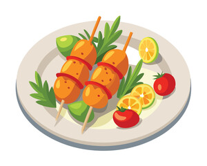 Wall Mural - Chicken skewers with slices of sweet peppers and dill in plate in white background