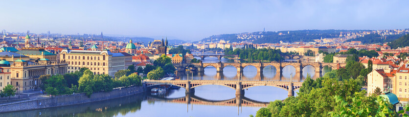 Wall Mural - City summer landscape, panorama, banner - top view of the historical center of Prague with the Vltava river and bridges, Czech Republic