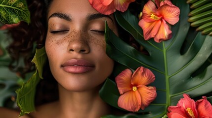 serene hawaiian woman with tropical flowers tanned skin and lush greenery female portrait photograph