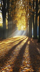 Wall Mural - Sunbeams shining through a row of trees in an autumnal forest.