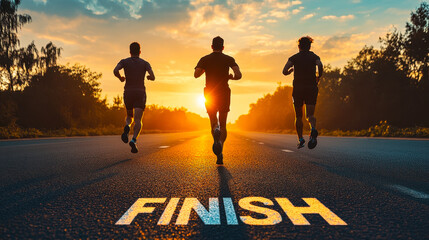 Runners Approaching Finish Line at Sunset, Success and Achievement Concept, Inspirational Sports Image Showing Three Athletes Striving Towards Their Goal on Open Road, Victory and Determination