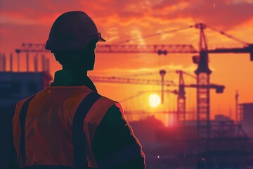 silhouette of engineer in hard hat and safety vest at construction site during sunset building cranes in background digital painting