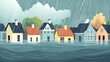 © Keattipoom - Suburban Houses Flooded Under Rainy Sky - Climate Change Concept Cartoon Illustration