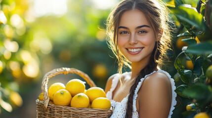 beautiful smiling young italian woman holding basket full of lemons against lemon garden background, harvest, citrus, fresh fruit, girl, nature, gardening, female portrait, summer, autumn, vitamin C