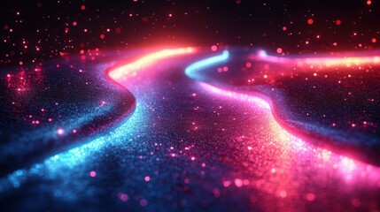 Canvas Print - Abstract 3D render of glowing pink and blue neon background with vibrant wavy lines, modern fashion ribbons, curves, and loops in the ultraviolet spectrum.