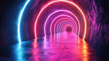 Canvas Print - Abstract 3D neon background with glowing colorful rounded lines tunnel effect