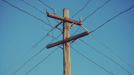 Close-up of an electric pole with multiple wires crossing in different directions, set against a clear blue sky. The pole is weathered, showing signs of age.