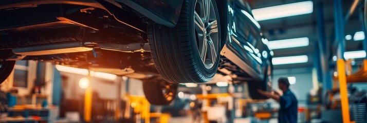 A sleek car is lifted on a hydraulic hoist inside a well-lit auto repair shop, where technicians are performing routine maintenance and inspections on the vehicle