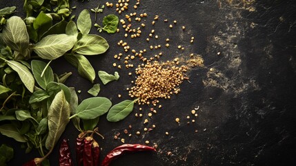 Close-up of fresh and dried Indian herbs and spices like fenugreek leaves, mustard seeds, and dried chilies, arranged artfully on a dark surface.