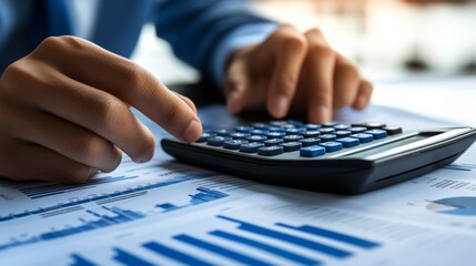 Aufkleber - Close-up of hands using a calculator with a printed financial report showing various graphs in the background. The graphs display financial growth.