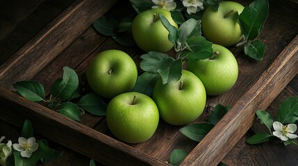 Wall Mural - Green apples flowers wooden tray. Generative AI