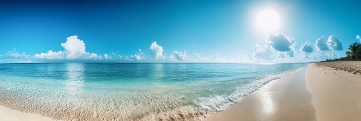 Wall Mural - A tropical beach stretches under a bright midday sun, where the horizon seamlessly meets the blue sea, creating a peaceful atmosphere ideal for relaxation