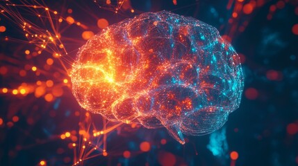 Poster - Conceptual image of a brain with digital, glowing elements and interconnected lines, representing the generation and flow of new ideas.