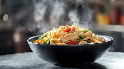 Sticker - Noodles, chicken, vegetables bowl. Generative AI