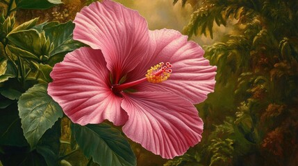 Wall Mural - Pink hibiscus blooms green foliage. Generative AI