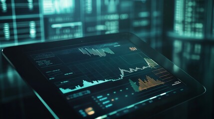 Aufkleber - Digital tablet with a futuristic holographic graph floating above, depicting a growing trend in technology stocks. The background is a sleek, dark office.
