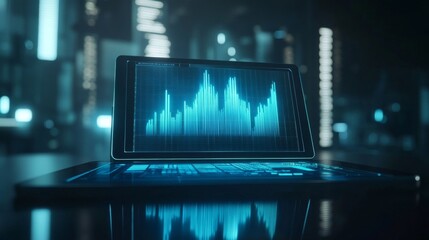 Aufkleber - Digital tablet with a futuristic holographic graph floating above, depicting a growing trend in technology stocks. The background is a sleek, dark office.