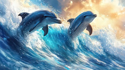  Two dolphins joyfully leaping out of the ocean waves at sunset, capturing the beauty and grace of marine life in a vibrant, dynamic seascape.