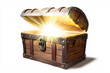 © agnes - A wooden treasure chest with a metal lock opens revealing radiant golden light shining outward against a white background