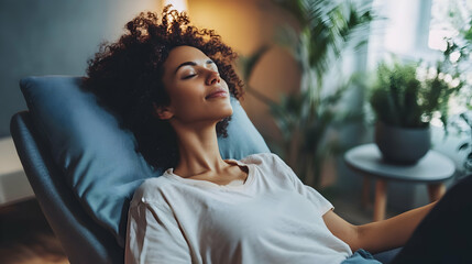 A therapist supports a patient reclining in a comfortable chair, creating a serene atmosphere for relaxation and hypnosis in a nurturing environment