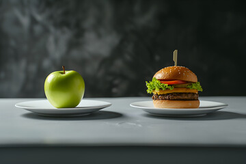 Green apple and burger on plates on a dark background. Healthy food choices. Concept template about diet, nutrition and healthy lifestyle. Copyspace