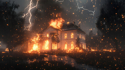 Wall Mural - A white mansion on fire, lots of trees, storm and lightning. Generative AI.