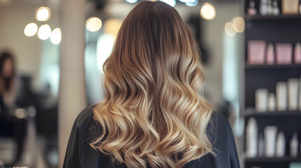 Canvas Print - A woman in a beauty salon whose experienced stylist s her hair in a fashionable and stylish long wavy ombre with highlights