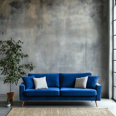 Blue sofa against concrete wall. Scandinavian loft home interior design of modern living room in minimalist studio apartment