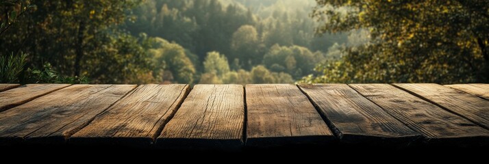 Wall Mural - A weathered wooden table is set outdoors, overlooking a tranquil forest landscape illuminated by the gentle light of morning, creating a peaceful atmosphere