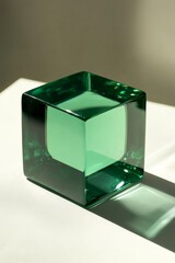 Wall Mural - a translucent green geometric shape rests on a spacious white surface, accentuating its design and c