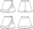 © Modeberry - Women's Ruffle Hem Skort. Technical fashion illustration. Front and back, white colour. Women's CAD mock-up.