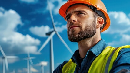 Wind turbine engineer inspecting the infrastructure of a wind farm