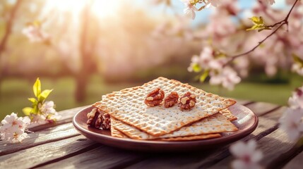 Passover celebration concept. Matzah, red kosher and walnut on wooden vintage table table in front of spring blossom tree garden and flowers landscape generative ai