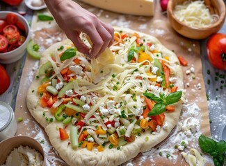 A person is making a pizza with a variety of vegetables and cheese. Homemade pizza. Comfort, cooking, tradition, family, homemade, creativity, sharing concept