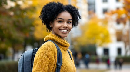 Canvas Print - Black woman college student going back to school on fall college campus