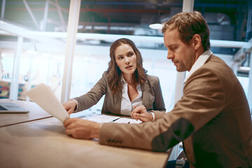 Poster - Discussion, meeting and business people with paperwork in office for company policy, contract and b2b deal. Partnership, corporate and man and woman with documents for agreement, consulting or report