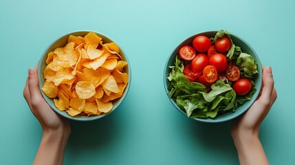 Healthy Salad vs Junk Food Chips in Contrasting Hands