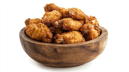 Wall Mural - This image shows a bucket filled with crispy fried chicken, set on a wooden board, and isolated against a white background. The contrast highlights the golden-brown color of the chicken, making it vis