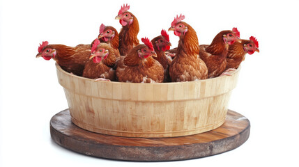 Wall Mural - This image shows a bucket filled with crispy fried chicken, set on a wooden board, and isolated against a white background. The contrast highlights the golden-brown color of the chicken, making it vis