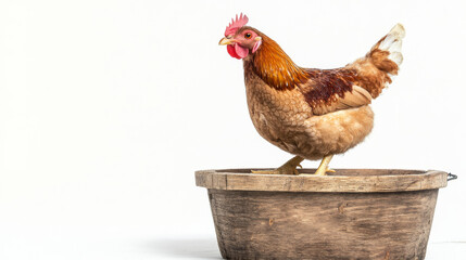 This image shows a bucket filled with crispy fried chicken, set on a wooden board, and isolated against a white background. The contrast highlights the golden-brown color of the chicken, making it vis