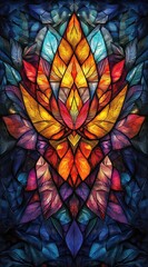 Wall Mural - Stained glass: An intricate pattern of feathers and wings, creating a kaleidoscope effect.