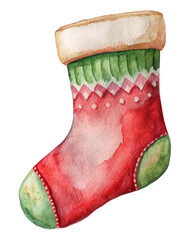 Watercolor Christmas stocking illustration featuring a festive red and green design with decorative patterns. Perfect for holiday-themed projects. Isolated on transparent background, png.