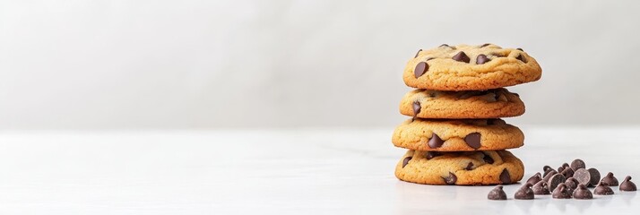 A stack of four freshly baked chocolate chip cookies sits on a white countertop, with a few chocolate chips scattered around them. The cookies are golden brown and slightly crispy, with melted chocola