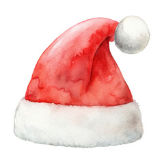 Wall Mural - Watercolor illustration of a Santa hat with white fur trim, perfect for festive holiday designs and seasonal decorations. Isolated on transparent background, png.