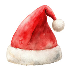 Wall Mural - Watercolor illustration of a Santa hat featuring a fluffy white trim, ideal for festive holiday designs and seasonal decorations. Isolated on transparent background, png.