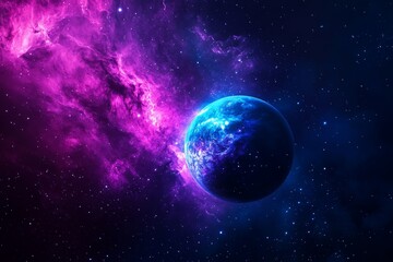 Wall Mural - a vibrant blue planet with swirling clouds glows brightly against a backdrop of a vibrant pink and p