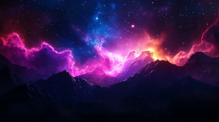 Wall Mural - a vibrant nebula, a celestial tapestry of pink and blue hues, illuminates the night sky over a range