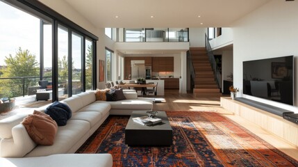 Poster - Modern living room with an open floor plan, featuring a large sectional sofa, a sleek TV stand, and a contemporary area rug.