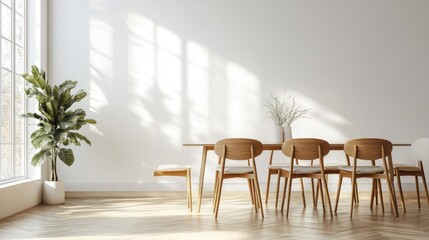 Wall Mural - sleek dining room with mid-century modern chairs, showcasing a minimalist design concept for interior decor in a clutter-free space