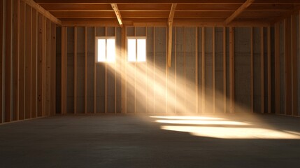 The interior of a new home under construction, with sunlight streaming through two windows, illuminating the wooden framing.